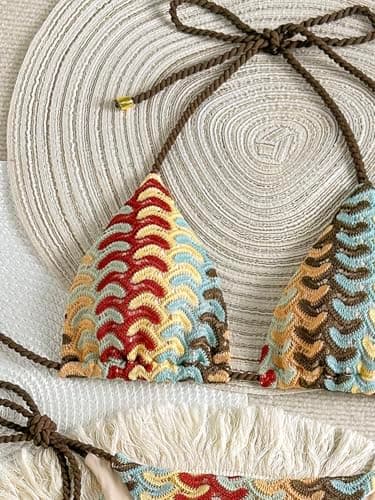 ZAFUL 2 Piece Triangle Bikini for Women Knitted Rope Halter Bikini Sets Sexy Bathing Suit Side Tie Swimsuits Beachwear 4-Bronze L - Thumbnail 4