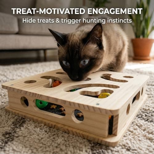 EIODEAR Cat Nail File Scratcher with 5 Sandpaper Pads, 4 Bell Balls, 8 Screw, Solid Wood Cat Scratch Puzzle Enrichment Box Nail Filer Box Toy to File Nails, Cat Treat Box for Treat-Motivated Cats - Thumbnail 3