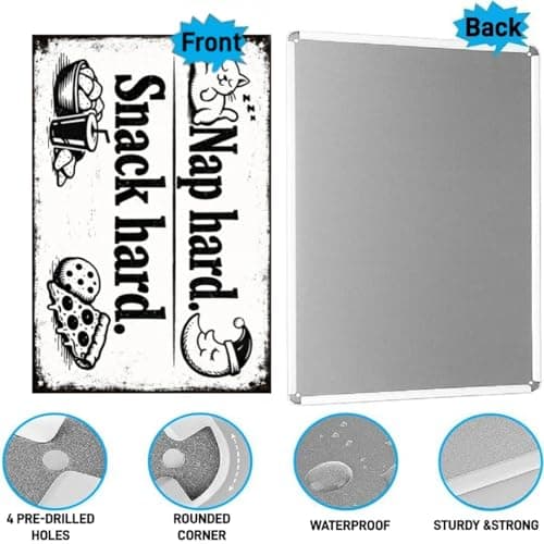 Nap Hard Snack Hard Vintage Tin Sign Funny Cat Wall Decor Black and White Retro Metal Plaque Humor Kitchen Snack Room Wall Art 8x12 Inch Pre Drilled Holes - Thumbnail 6