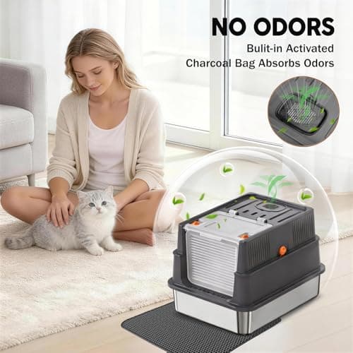 Stainless Steel Litter Box with Lid: Enclosed Cat Litter Box for Small Cats & Kitten, Metal Kitty Litter Pan with High Sided Enclosure, Include Scoop & Mat, Odor Control, Anti-Leakage - Thumbnail 6