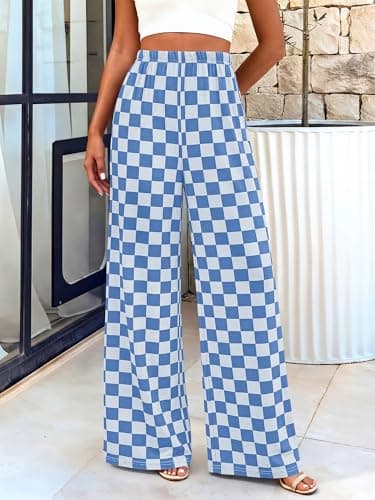 BTFBM Womens Checkered Palazzo Pants Wide Leg High Waisted Pockets Gingham Casual Lounge Pajama Trousers Summer Outfits(Plaid Blue,XX-Large) - Thumbnail 6