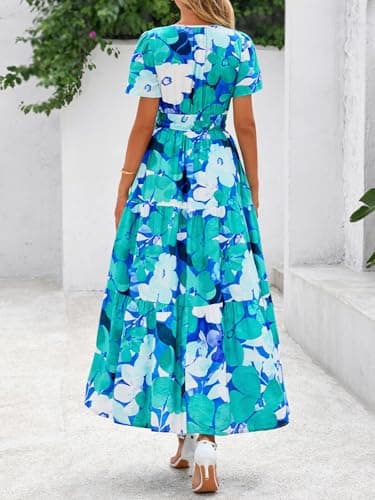 BTFBM Womens Summer Floral Maxi Dresses V Neck Short Sleeve Boho Casual Flowy Long Wedding Guest Dress Beach Vacation(Floral Blue Green, Medium) - Thumbnail 3