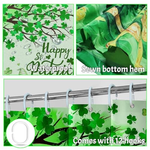 Lutto St Patricks Day Shower Curtain for Bathroom, St Patricks Day Shower Curtain Set with Rugs, Bathroom Set for St Patrick's Day Decorations, Gnomes Shower Curtain with Hooks for Bathroom Decor - Thumbnail 5