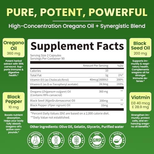 Lukaree Organic Oregano Oil Capsules with Black Seed Oil, Ultra-Concentrated 99% Carvacrol, 5-in-1 with Vitamin D3 E Black Pepper, Immune, Respiratory, Digestive & Antioxidant*, 180 Softgels, 2 Pack - Thumbnail 2
