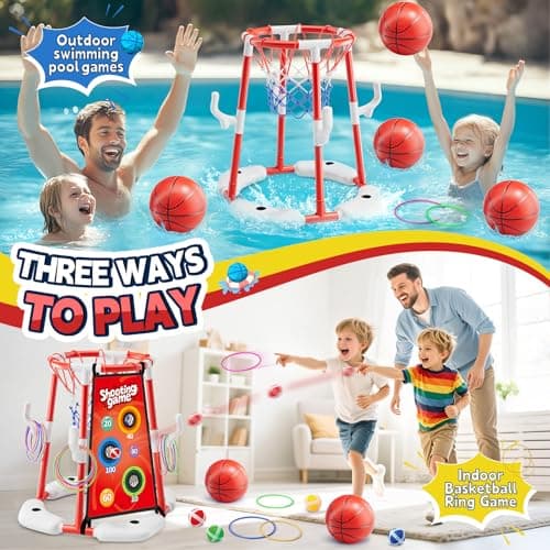 Pool Basketball Hoop for Kids Ages 4-8 & 8-12 - Floating Game Set with Water-Fillable Base, Pump, Toss Targets & Sticky Balls, Pool Games Backyard Swimming Pool Toys for Outdoor Summer Family Fun - Thumbnail 3