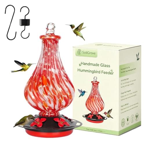 Glass Hummingbird Feeder,24oz Red Hand Blown Humming Bird Feeders for Outdoors Hanging with 5 Feeding Ports & Ant Moat, for Women Men,Hanging Garden Decor - Image 1
