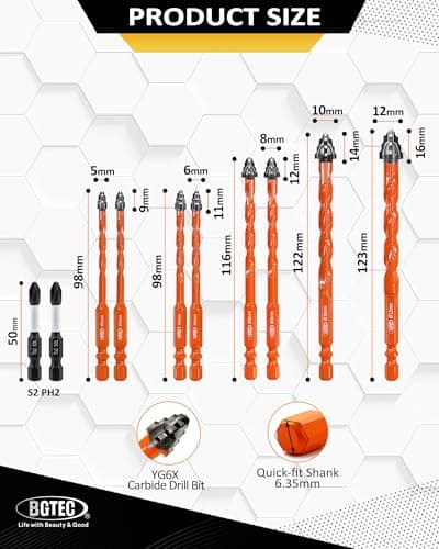 Four Blade Serrated Eccentric Masonry Drill Bit BGTEC - 10PCS 3/16" - 1/2" Carbide Concrete Drill Bits with PH2 Screwdriver Bit for Masonry/Brick/Concrete/Tile/Glass/Wood/Plastic/Marble - Thumbnail 2