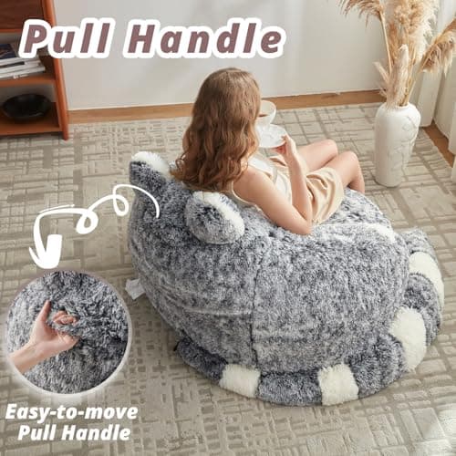 EBENCHICO Giant Bean Bag Chair for Adults Teens, Raccoon Shaped Faux Fur Bean Bag Sofa with Filler, Plush Beanbag Couch with Tail Pillow for Gaming, Reading, Bedroom, Dorm - Thumbnail 4