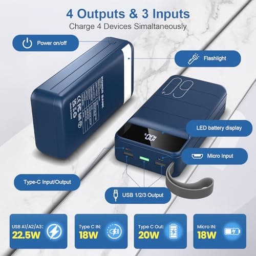 Portable Charger Power Bank 60000mAh Fast Charging 22.5W PD4.0 & QC 4.0 with USB C Battery Pack Charger Portable High Capacity Portable Phone Charger Power Bank for iPhone, Samsung, Travel (Blue) - Thumbnail 5