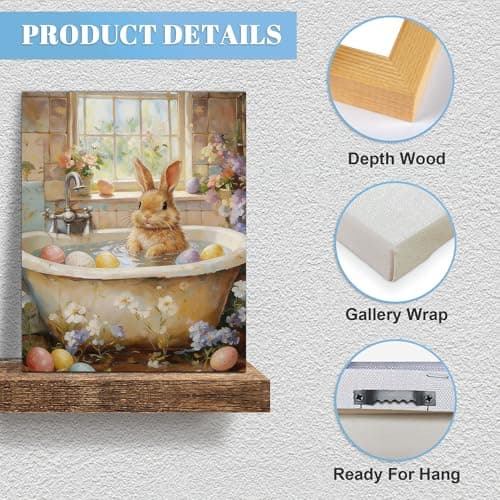 WayToLight Easter Bunny & Floral Canvas Wall Art,Cute Rabbit and Easter Eggs Painting Prints,Vintage Farmhouse Spring Animal Picture,Modern Framed Easter Wall Decor for Bedroom,Living Room, Bathroom,Office (Style 4, 8" x 10") - Thumbnail 6