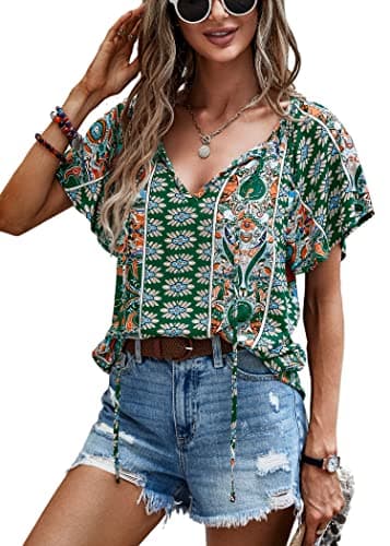 Angashion Women's Summer Tops Casual Floral Print V Neck Ruffle Short Sleeve Loose Tunic T Shirt Blouse Green M - Image 1
