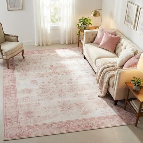 Cnythlis Washable Pink Area Rug for Girls Bedroom 5'x7' Vintage Medallion Nursery Rug Soft Baby Playroom Carpet 0.26 Inch Low Pile Non Slip Silicone Backing for Kids Room and Classroom - Image 1