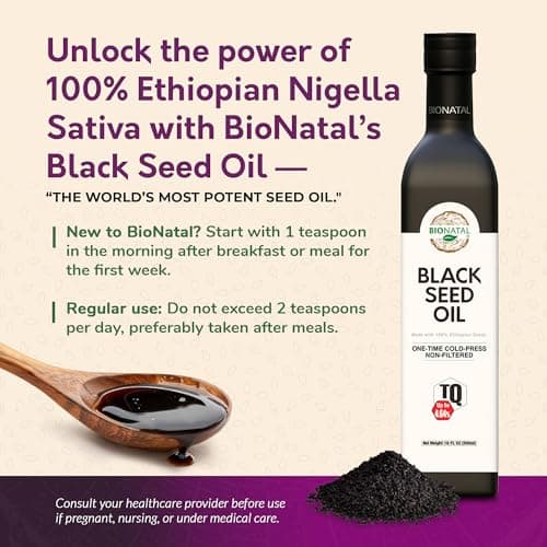 BioNatal Ethiopian Black Seed Oil – Cold Pressed Nigella Sativa Producing Black Cumin Seed Oil, Unrefined & Non-Filtered, High TQ Up to 4.64% – Supports Immune System, Digestion & Joints 16oz Glass - Thumbnail 3