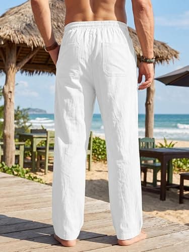 TRFIC Men's Linen Pants Casual Beach Summer Pant Elastic Waist Drawstring Lightweight Trousers - Thumbnail 4