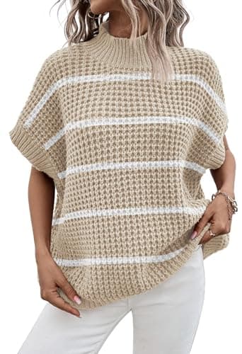 Pink Queen Sweater Vests for Women Trendy Fall Short Sleeve Oversized Ribbed Pullover Jumper Top Apricot Stripe M - Image 1
