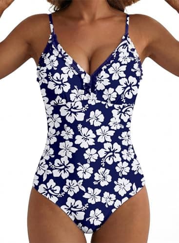 Aleumdr Women's One Piece Swimsuit Striped Tummy Control V Neck Ruffle Trim 2026 Padded Push Up Bathing Suit Printed Swimwear Blue Floral Medium - Image 1