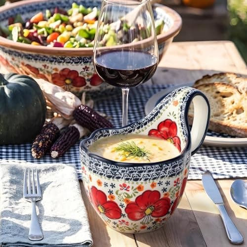 ALMA 2026 Updated Soup Bowls With Loop Handles Microwave & Oven Safe, 18oz Handpainted Flower Soup Mug for Women, Decorative Ceramic Cereal Bowls For Soup,Fruits,Stew,Ice cream,Snack-Red Lily Theme - Thumbnail 3
