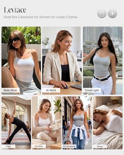 leviace 3 Pack Padded Camisole Tops for Women - Double Lined Adjustable Spaghetti Strap Built-in Bra Shirts Sleeveless Layering Cami Basic Tank Top Fitted Summer Cloth Undershirt 2026, Neutrals, S - Thumbnail 2