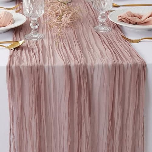 QPOR Pink Table Runner Cheesecloth Boho Rustic Gauze 120 inch 10FT Cheese Cloth Runner for Wedding Baby Shower Bridal Shower Garden Party Sheer Birthday Home Decor Holiday Decorations - Thumbnail 6