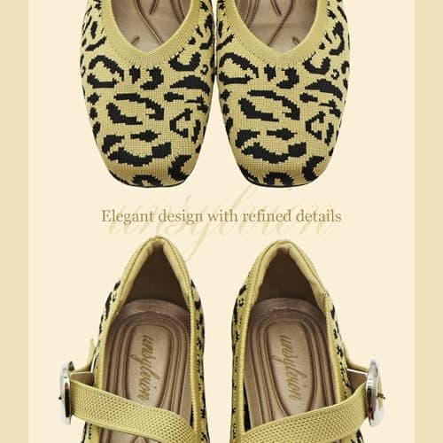 unsylvion Flats for Women Square Toe Ballet Flats with Ankle Strap Stylish Mary Jane Shoes Comfortable Casual Footwear Perfect for Everyday Wear Leopard - Thumbnail 2