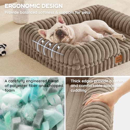 ChiXnuggle Orthopedic Dog Bed with Bolster Sides for Sleeping, Fluffy Plush Rectangular Dog Bed Medium Sized Dog, Luxury Striped Faux Fur Waterproof Dog Couch with Removable Washable Cover, Taupe - Thumbnail 2