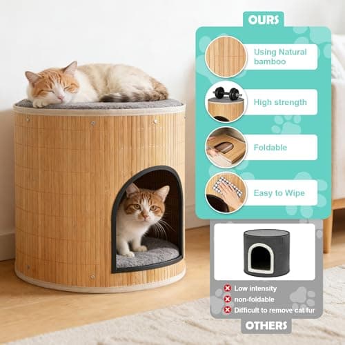 Cat Beds Indoor House, Handwoven Bamboo Cat Cave Pet Cube, Large Cat Houses, 2 Bed Mat, Foldable,Hideaway, 15.9x13.9 Inches, Living Room Bedroom Terrace Home Decoration Natural - Thumbnail 3