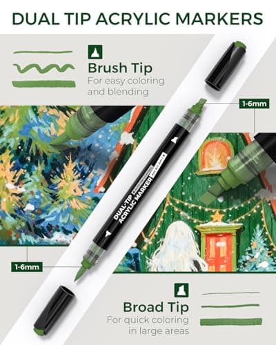 JusArt 36 Colors Automatic Ink Control Acrylic Paint Markers, Dual Tip with Broad Tip and Brush Tip Pens for Ceramic, Wood, Canvas, Glass, Stone, Fabric, Rock Painting, DIY Crafts Art Supplies Kit - Thumbnail 2