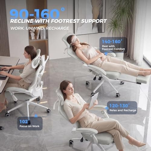 Ergonomic Office Chair with Footrest - Adjustable Lumbar Support & Headrest, 90-160° Reclining Mesh Back Computer Chair - Home Office/Gaming, 350lbs Capacity - Thumbnail 6