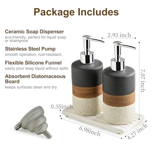 Cormomu Ceramic Dish Soap Dispensers Set(2 Pack), Hand, Dish, Shower Soap Dispenser for Kitchen Sink & Bathroom, Includes Stainless Steel Pump, Silicone Funnel & Diatomaceous Holder, Black - Thumbnail 3