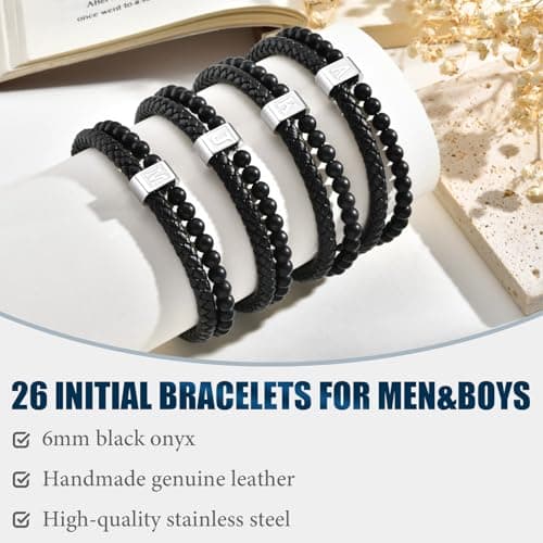 FLHEART Initial Black Leather Bracelet for Men, A-Z Letters Agate Stone Beaded Braided Leather Cuff Bracelets with Initial, Adjustable Wrist Bracelet for Mens Jewelry Gifts,7.5-8.3 Inches - Thumbnail 6