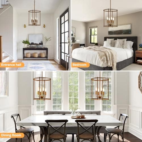 4 Light Chandelier,Farmhouse Ceiling Light Wood Grain Lantern Light Fixtures with Metal Cage Adjustable Height Rustic Hanging Light E12 Base for Kitchen Island, Dining Room, Living Room,Entryway - Thumbnail 6