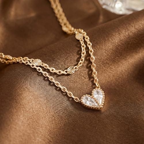 MTMY Dainty Layered Heart Necklace for Women, 14K Gold Plated CZ Love Heart Pendant Choker Necklace with Adjustable Chain Jewelry Gift(beaded) - Thumbnail 5