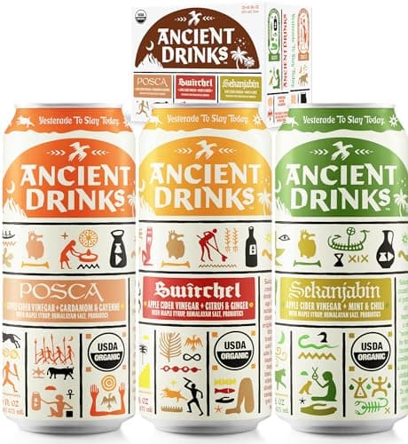 ANCIENT DRINKS Apple Cider Vinegar Electrolyte Drink with Probiotics – Organic Hydration Beverage Variety Pack (Posca, Switchel, Sekanjabin) – ACV Sports Drink with Natural Vitamins – 16 oz Cans, 12 Pack