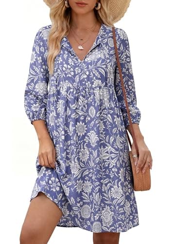 Womens Boho Babydoll Dress 2026, Summer 3/4 Sleeve V Neck Floral Mini Dress, Purple Casual Beach Dresses with Pockets M - Image 1
