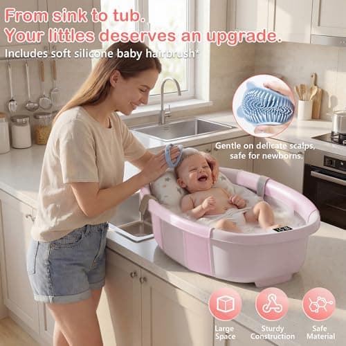Collapsible Baby Bathtub - Large Baby Bath Tub with Thermometer | Bath Essential Bañera para Bebe Easy Fold Baby Tub | Travel Infant Newborn Toddler Bathtub for Baby Girl Boy 0 to 36 Months (Pink) - Thumbnail 4