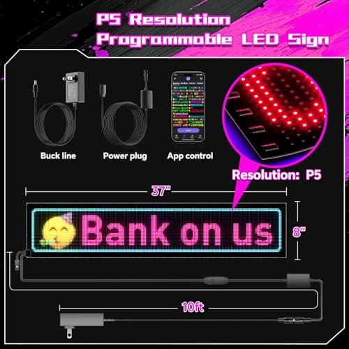 Large Programmable P5 Resolution LED Sign, Indoor Window LED Signs, Bluetooth App, for Business Bars Gaming Rooms Restaurants Festivals (37"x 8") - Thumbnail 5