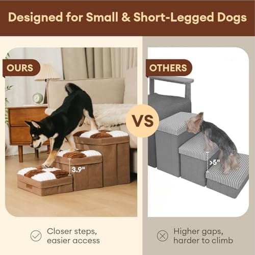 Dog Stairs with Storage, 5-Step Chessboard Plaid Handcrafted Dog Steps for Small Medium Dogs Cats, Folding Sturdy Pet Stairs Climbing Bed or Sofa, Grey - Thumbnail 5