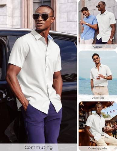 PJ PAUL JONES Mens Dress Shirts Short Sleeve Button Up Shirt Wrinkle Free Business Casual Shirts for Men Summer Work Office Wedding White - Thumbnail 4