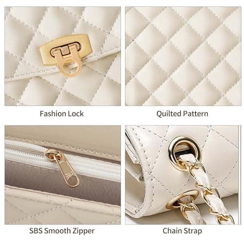 Goinsound womens quilted purse with chain leather crossbody bag designer shoulder bag checkered handbags for go out Beige - Thumbnail 5