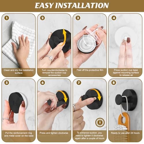 BKV Suction Cup Hooks for Glass Window,Removable Shower Hooks for Inside Shower,Metal Towel Hooks for Bathrooms,4 Pack(Black) - Thumbnail 5