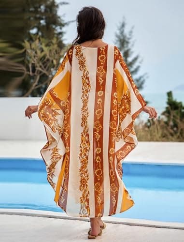 ZAFUL Kaftan Dresses for Women Moo Moos Plus Size O Ring V Neck Batwing Sleeves Beach Cover Ups Hawaii Summer Vacation Outfits Caftan Maxi Dress Loungewear Yellow Floral - Thumbnail 4