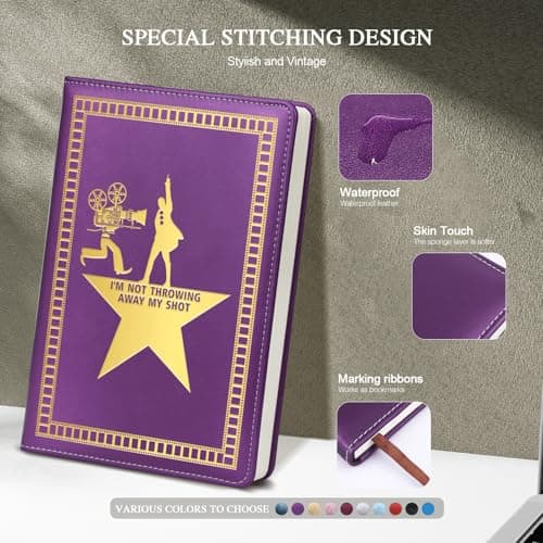 QDWXDEL Broadway A5 Hardcover Leather Journal for Women - 200 Pages Premium Paper Notebook, Theater Journal Notebook for School, Work (THROWING Purple) - Thumbnail 3