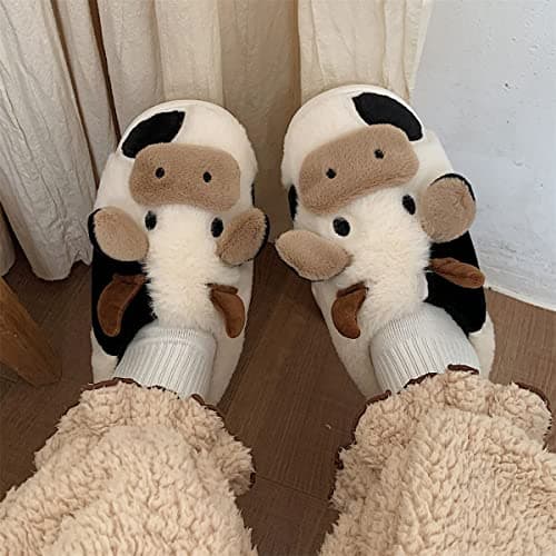 Jerzmy Fuzzy Cow Slippers for Women Men, Cute Cotton Animals House Slippers Fluffy Plush Shoes for Girls Indoor Living Room Bedroom Garden, Size 10-11 - Thumbnail 3