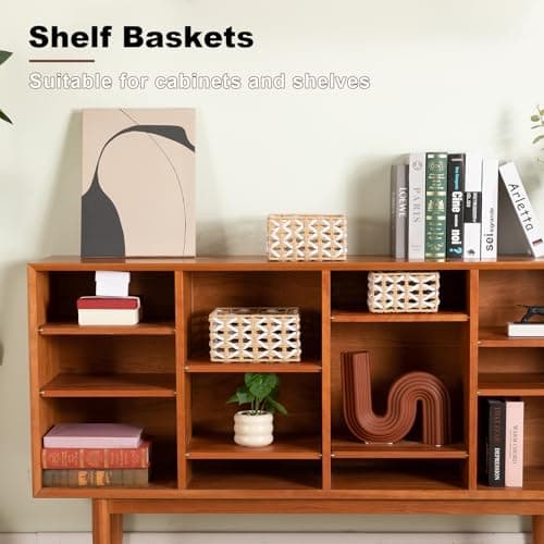 OIAHOMY Storage Baskets Paper Rope Shelf Baskets, Handwoven Small Wicker Bins for Home, Set of 3-Yellow & White - Thumbnail 2