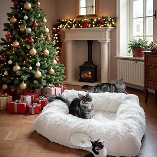 XxingSheep 4 Cave Shuttled XL Cat Tunnel Bed for Indoor Cats Peekaboo Toy Donut with Warm Mat, White - Image 1