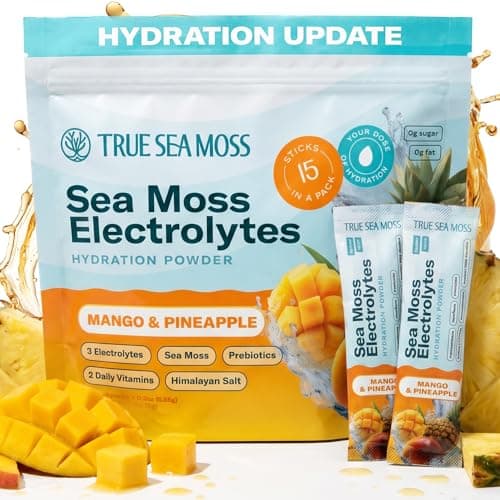 TrueSeaMoss Electrolytes Powder Packets – Made in USA – 15 Stickpacks – Hydration Powder with Sea Moss with Potassium – No Sugar Drinks – Mango & Pineapple - Image 1