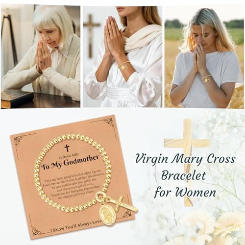 Goxygen Cross Virgin Mary Beaded Bracelet -14K Gold Plated Copper Stretch Bracelet, Dainty Elastic Bead Chain Gift for Her, Religious Jewelry for Baptism Confirmation Catholic（to My Godmother-Gold） - Thumbnail 3