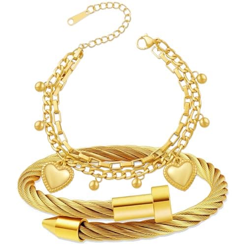 LCTrusttmor Gahna Heart Charms Bracelets for Women, Stackable 18K Gold Plated Heart Charm with Adjustable Layered Link Chain Set Dainty Jewelry Gifts - Image 1