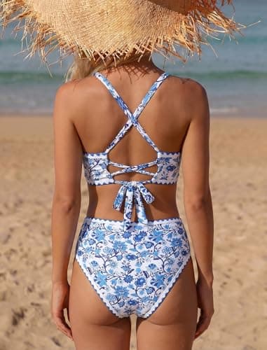 ZAFUL Women's Bikini Sets Floral Print Whip Stitch 2 Piece Swimsuits High Waisted V-Neck Crisscross Back Bathing Suits Blue Medium - Thumbnail 2