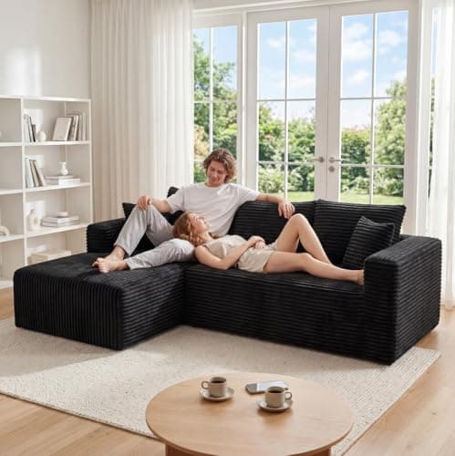 92.5" Modular Sectional Sofa, L-Shaped Cloud Couch with Deep Seats and Chaise, Upholstered Corduroy Boneless Couch for Living Room Small Space, No Need Assembly - Black(Left Facing Chaise) - Thumbnail 4